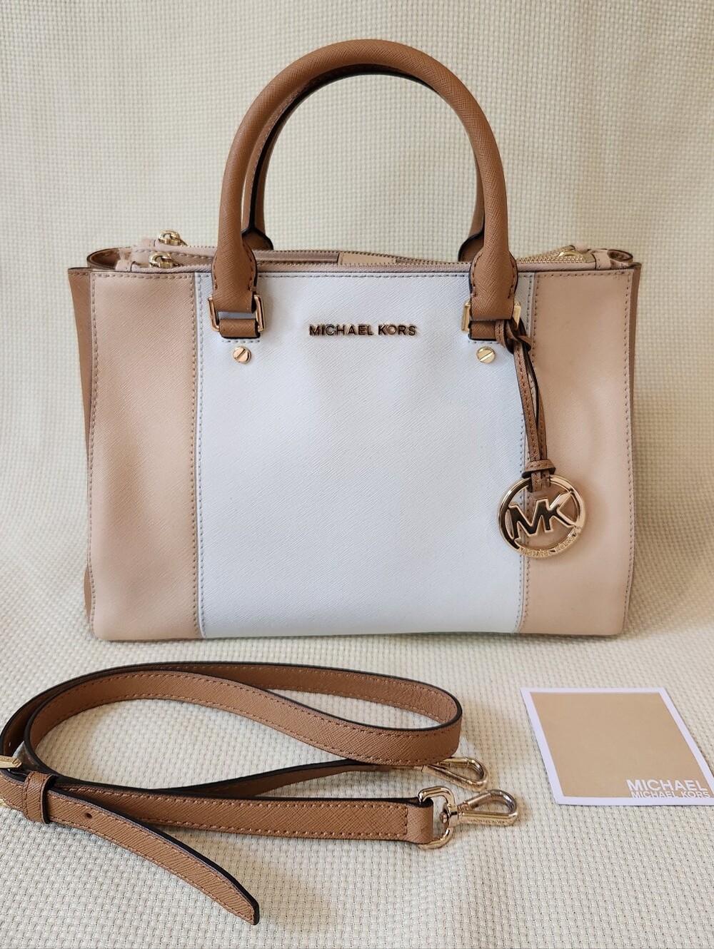 Michael Kors Sutton Medium Saffiano Leather Satchel Beige White Tan Colorblock